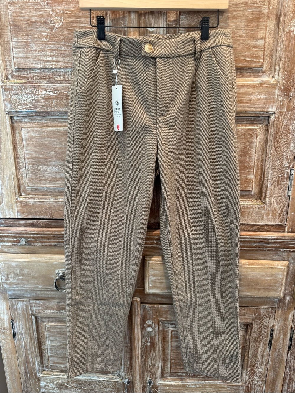 NWT Tailored Herringbone Pants Tan and Cream Academia Old Money